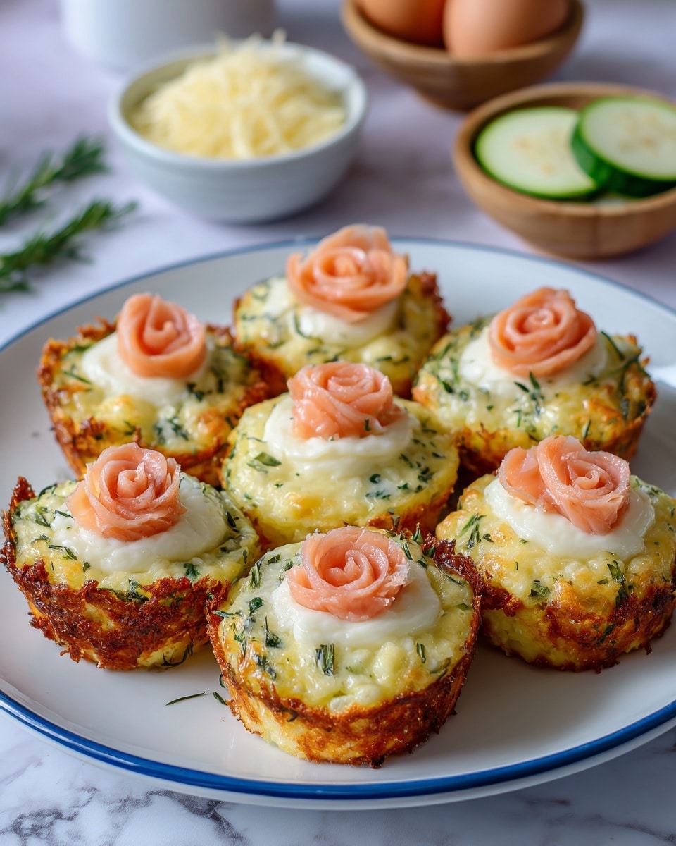 The image shows six small savory muffins arranged neatly in a circle on a white plate with a blue rim, set on a white marbled surface. Each muffin has a golden-brown crispy base with visible green herbs mixed in, topped with a thick, smooth layer of white creamy cheese, and finished with small, rose-shaped pieces of pink salmon on top. The muffins look textured and slightly crispy on the edges with soft creamy white and salmon layers on the surface. In the background, there are bowls with ingredients like sliced zucchini, an egg, and grated cheese. Photo taken with an iphone --ar 4:5 --v 7
