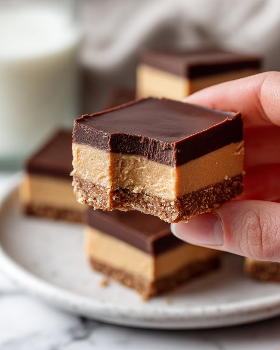 A close-up of a two-layer square treat held by fingers, with the bottom layer thick and creamy light brown, textured like peanut butter, and the top layer smooth, thin, and dark brown chocolate; the treat shows a small bite taken out of one corner, highlighting both layers, with a blurred glass of milk and more pieces of the same treat on a white plate below on a white marbled surface. photo taken with an iphone --ar 4:5 --v 7