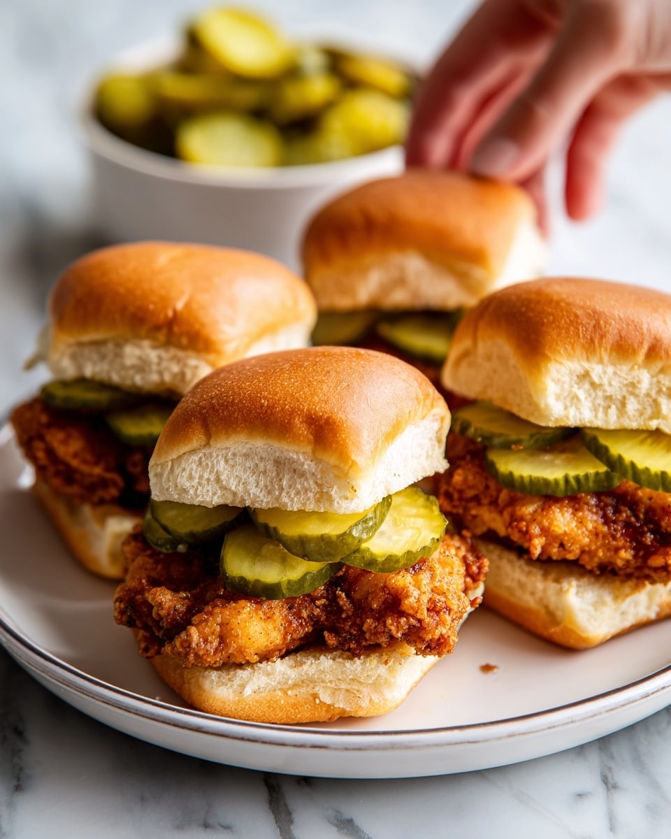 A white plate holds four small sandwiches stacked close together. Each sandwich has a soft, light brown top bun, a golden crispy fried piece of chicken in the middle, and two or three bright green pickle slices on top of the chicken, all held by a light brown bottom bun. The texture of the chicken looks crunchy, and the buns are soft and slightly shiny. In the background, there is a white bowl filled with more green pickle slices. The surface under the plate is white with a marbled texture, and a woman's hand reaches in from the left side, partially visible. Photo taken with an iphone --ar 4:5 --v 7