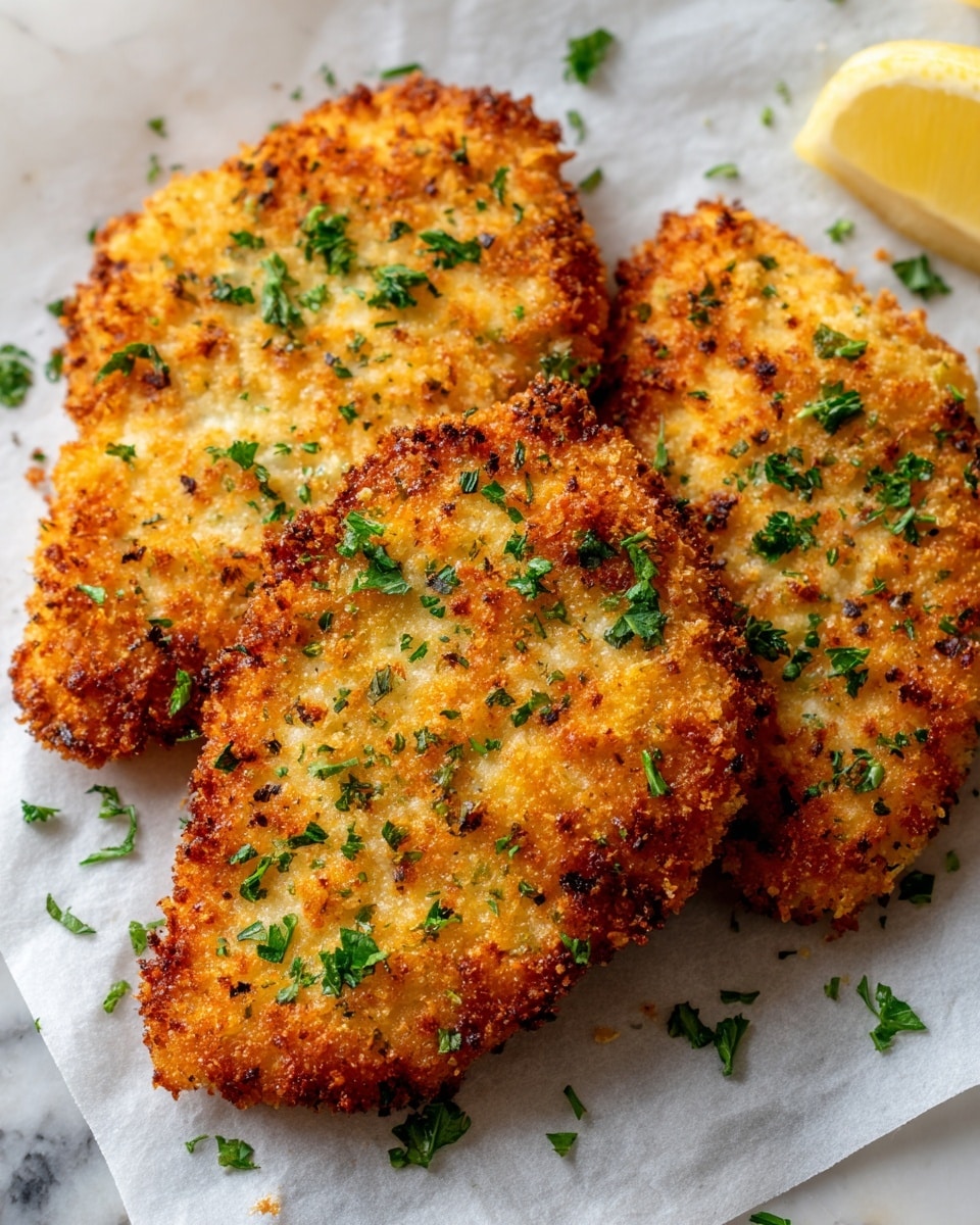 The image shows three golden-brown breaded pieces of chicken on a sheet lined with baking paper. Each piece has a crispy texture with a slightly uneven, crunchy crust and is sprinkled with small green parsley leaves for garnish. The breading has a mix of light tan and darker brown spots, giving them a freshly baked look. The background is a white marbled surface, and a small wedge of lemon with some parsley is partially visible at the edge. Photo taken with an iphone --ar 4:5 --v 7