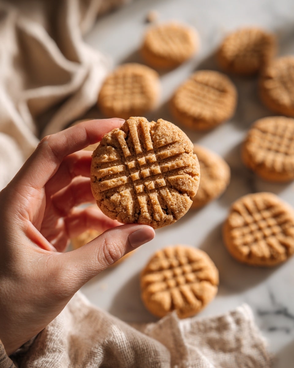 A woman's hand is holding a single round peanut butter cookie with a light brown color and a crisscross fork pattern on top. In the background, there is a white marbled surface covered with more peanut butter cookies scattered loosely, all showing the same golden brown tone and texture. The setting looks warm and cozy, with soft natural light highlighting the cookie's crumbly and slightly cracked surface. Photo taken with an iphone --ar 4:5 --v 7