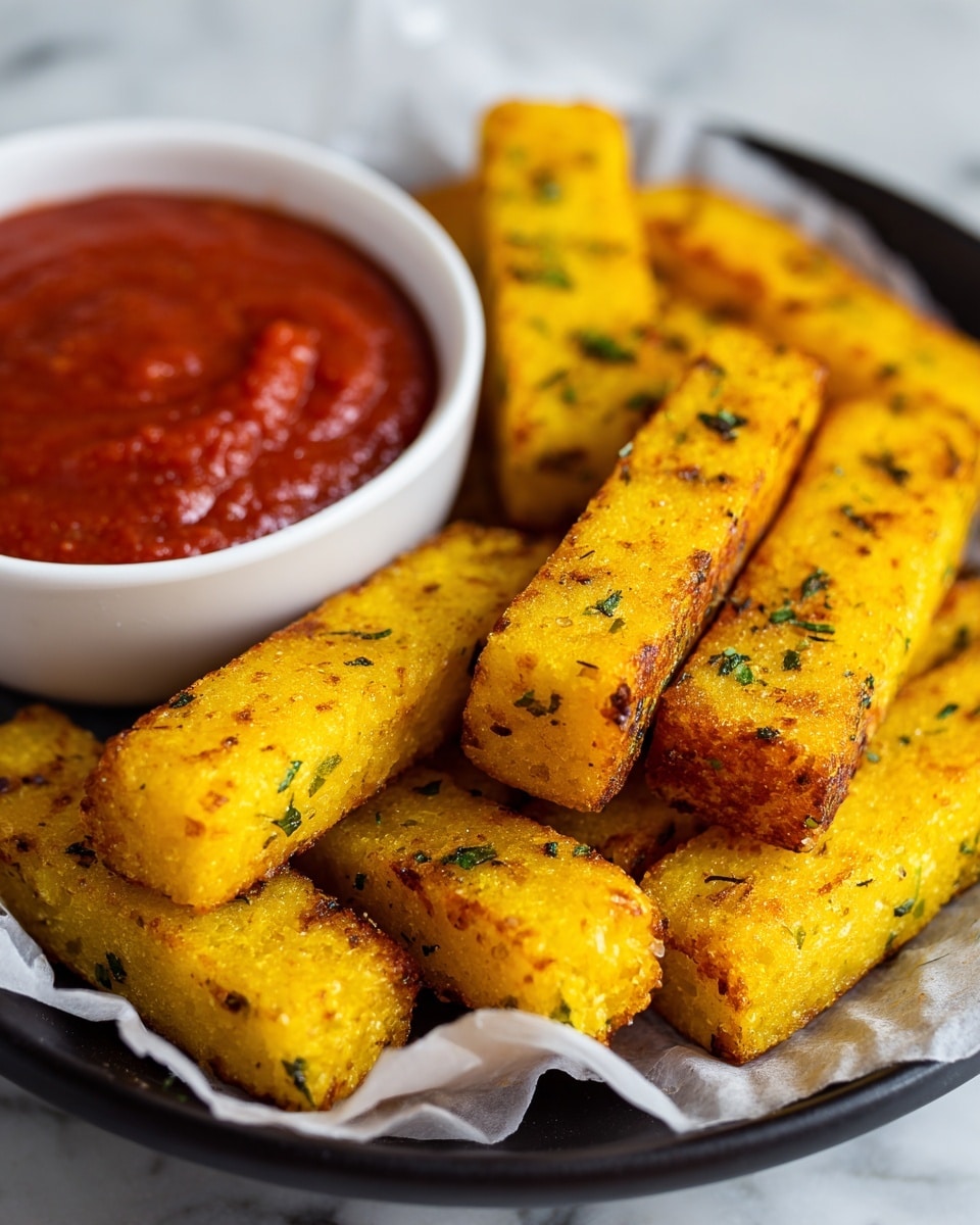 A black plate lined with white parchment paper holds about twelve golden-yellow fried polenta sticks. Each stick has a crispy, slightly browned texture with visible specks of green herbs scattered on the surface. Behind the plate, a white bowl filled with smooth, bright red marinara sauce adds a contrasting color. The setup sits on a white marbled surface, enhancing the colors of the food. The focus is on the polenta sticks in the foreground with the sauce softly blurred in the background. Photo taken with an iphone --ar 4:5 --v 7