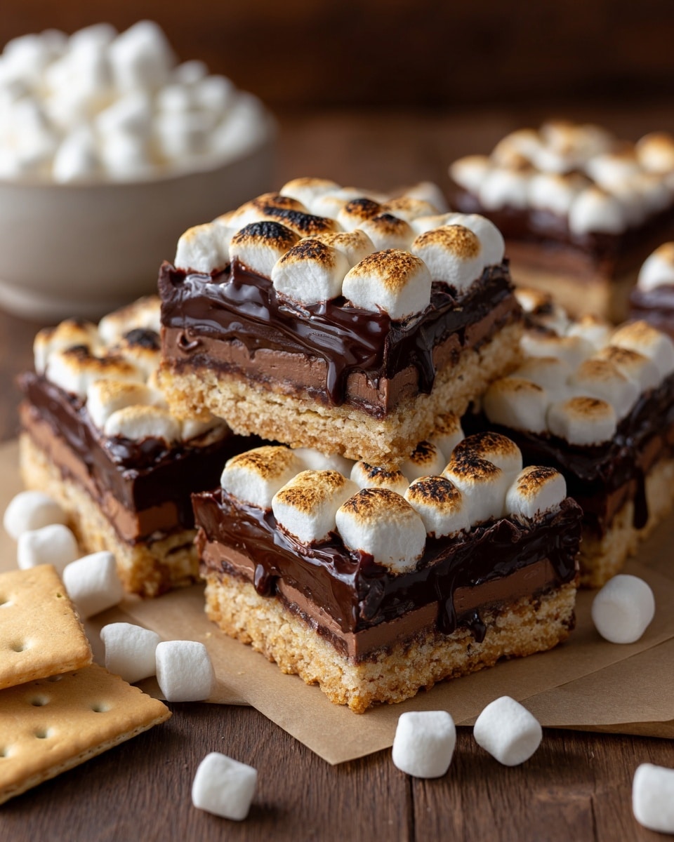 A group of 15 square bars, each with three layers, are placed on brown parchment over a wooden surface. The bottom layer is a light brown crust, the middle layer is a thick chocolate layer of medium brown color, and the top layer is covered with a dark chocolate sauce topped with small toasted marshmallows that are white with golden brown spots. Around the bars, there are some pieces of milk chocolate and beige square crackers. In the foreground, a white bowl contains extra small white marshmallows. Photo taken with an iphone --ar 4:5 --v 7