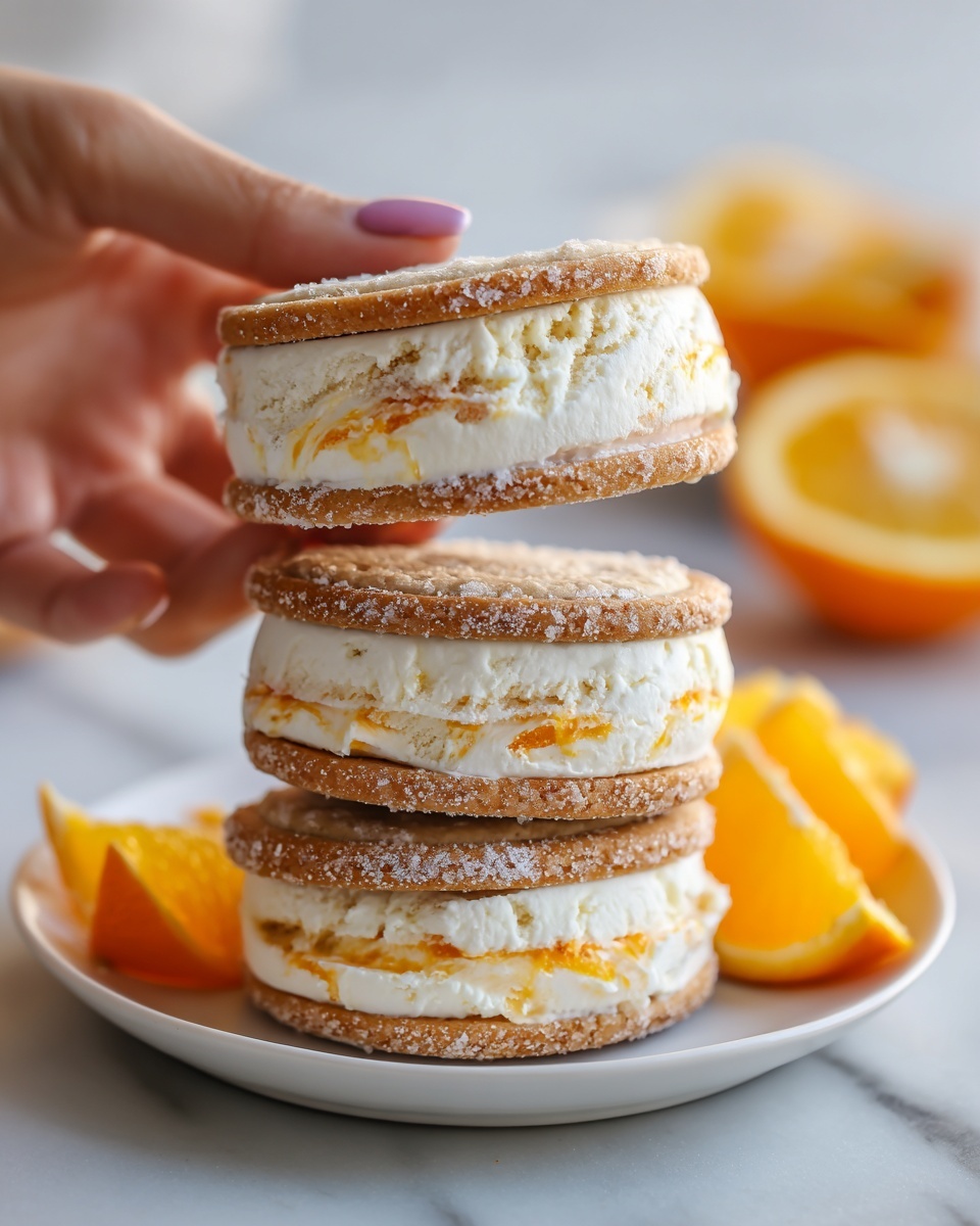 A close-up image shows a woman's hand holding an ice cream sandwich above two more stacked on a white plate. Each sandwich has three layers: two light brown cookies with a soft texture and visible sugar crystals on top, sandwiching a thick middle layer of creamy ice cream with visible chunks of orange fruit mixed in. The white marbled surface is visible in the background, along with sliced orange fruit pieces near the plate, adding a fresh touch. Photo taken with an iphone --ar 4:5 --v 7