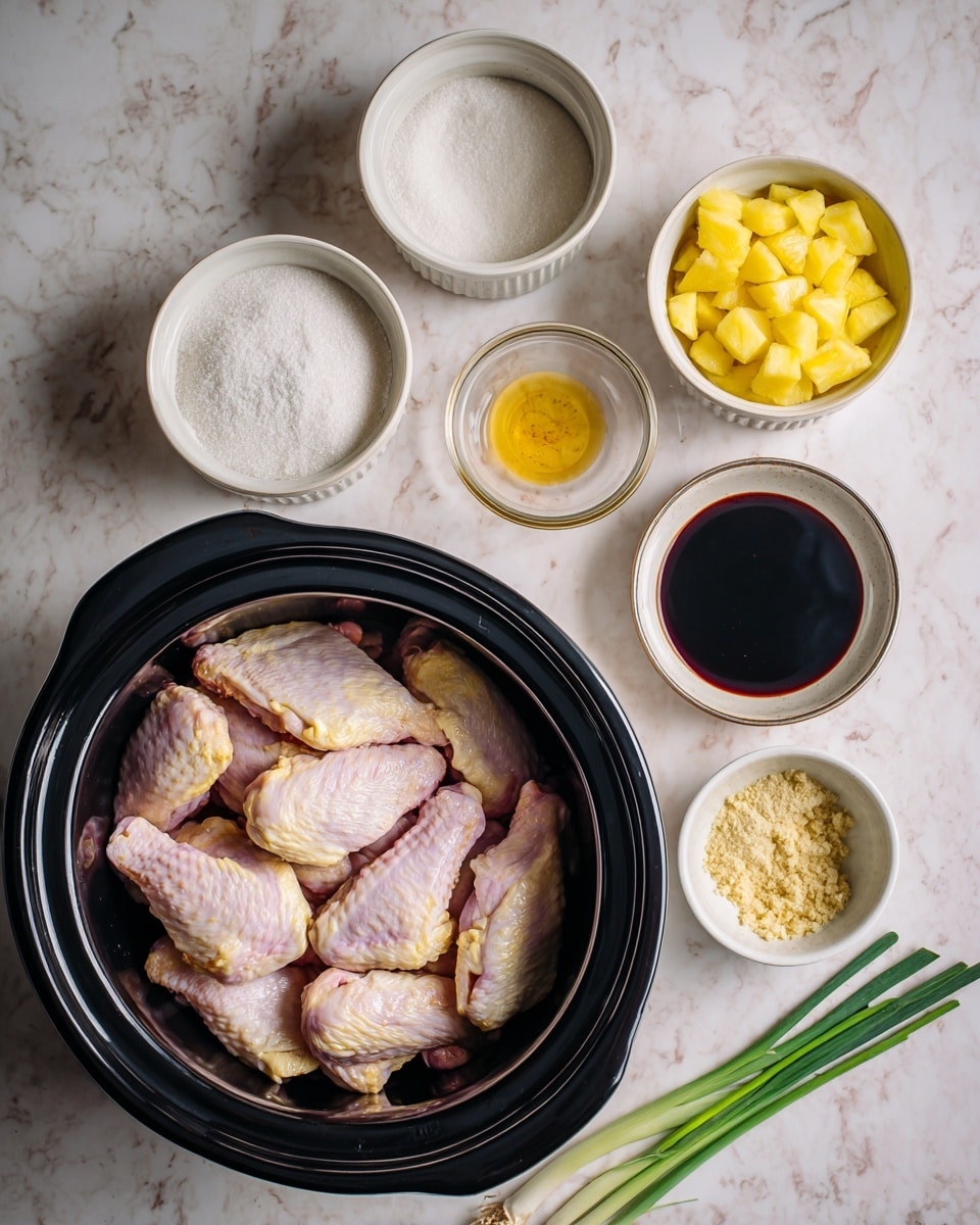 The image shows a black slow cooker filled with pale pink and light yellow raw chicken wings piled up inside. Next to the cooker on a white marbled surface are several small white bowls and ramekins, each containing different ingredients: a bowl of white granulated sugar, a bowl with light brown sugar, a bowl of chopped yellow pineapple chunks, a small bowl of white cornstarch powder, a bowl with dark liquid low sodium soy sauce, a tiny dish with ground ginger powder, and another tiny dish with minced garlic. A small bunch of green scallions lies horizontally behind the bowls and next to the slow cooker. The scene is bright and simple with the items laid out neatly. Photo taken with an iphone --ar 4:5 --v 7