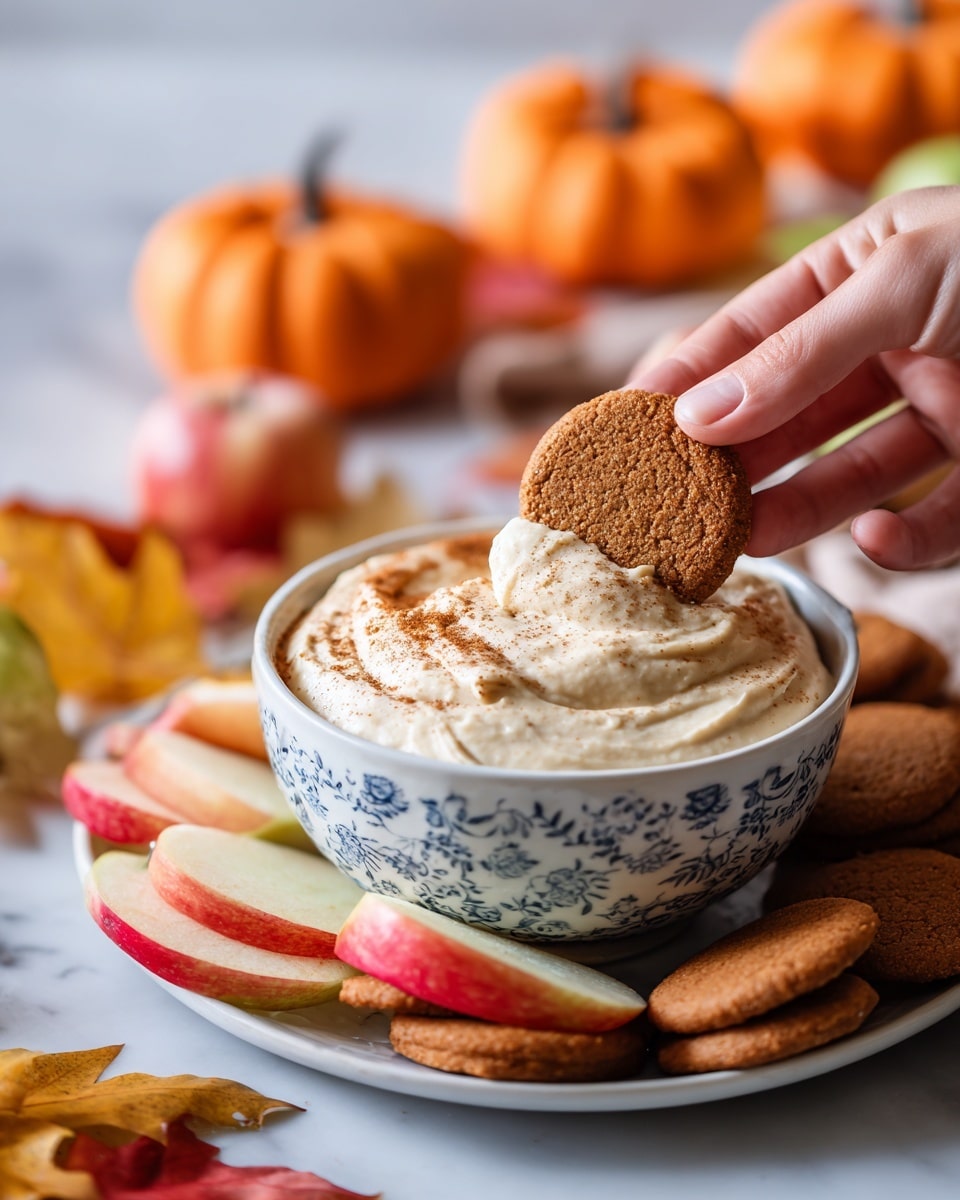 A close-up image shows a woman's hand holding a round brown cookie dipped halfway in a creamy beige dip with a smooth and fluffy texture, lightly sprinkled with cinnamon. The dip fills a white bowl decorated with blue patterns, and the bowl sits on a white marbled surface. Around the bowl are more round brown cookies and slices of red and green apples, as well as some orange and yellow autumn leaves, creating a warm and cozy fall theme. The background is softly blurred with two small orange pumpkins. photo taken with an iphone --ar 4:5 --v 7