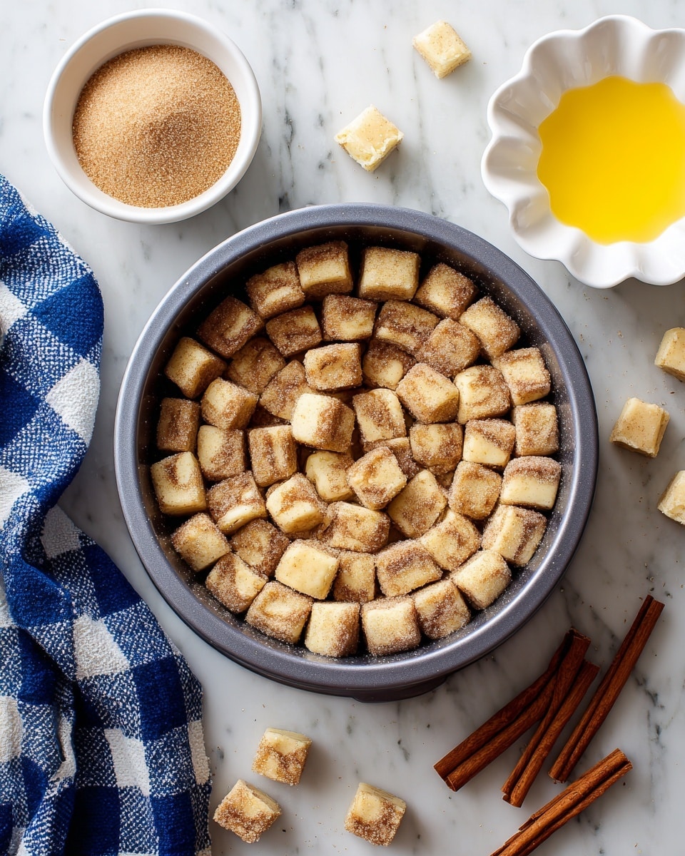 A dark gray bundt pan is filled with small, square pieces of dough coated in sugar and cinnamon, arranged closely together. Each dough piece shows swirled layers of light beige and brown cinnamon filling, with a powdery sugar dusting on top. To the upper right, a small white bowl holds light brown sugar, while another white bowl with a scalloped edge contains bright yellow melted butter. Several cinnamon sticks are scattered on the white marbled surface near the bottom right. A blue and white checkered cloth is placed to the bottom left corner. The background is a smooth white marbled texture. photo taken with an iphone --ar 4:5 --v 7