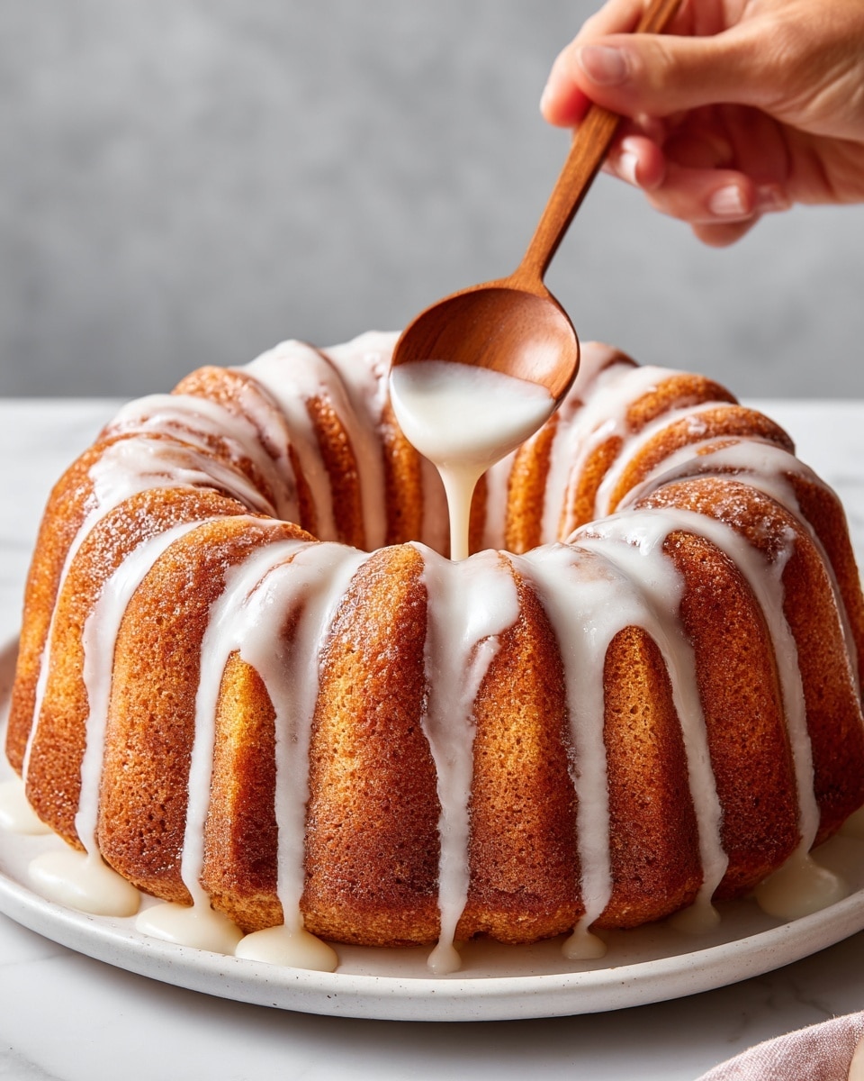 A close-up image of a round bundt cake with a golden brown color, showing distinct ridges and deep crevices on its surface. The cake has several layers of thick white icing drizzled and spread unevenly over the top and sides, adding a glossy texture. A woman's hand holds a wooden spoon applying more white icing in the center. The cake is placed on a white plate on a white marbled background. photo taken with an iphone --ar 4:5 --v 7
