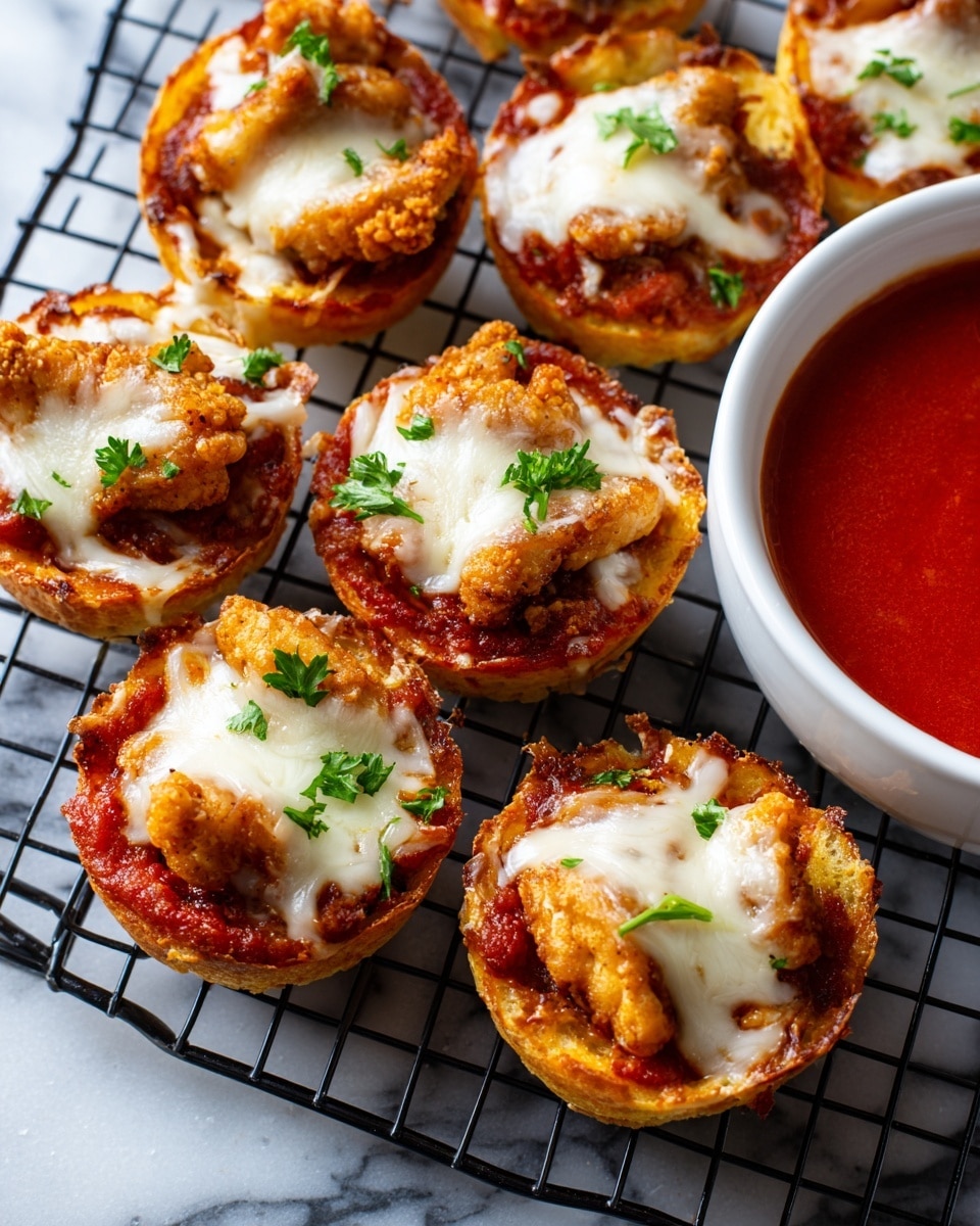 The image shows several small pizza bites arranged on a black cooling rack over a white marbled surface. Each bite has three layers: a golden-brown crispy mini bread base, a vibrant red tomato sauce spread on top, and golden-brown fried chicken pieces placed over the sauce. The chicken is topped with melted white mozzarella cheese that stretches in one bite, and there are small bits of green parsley sprinkled over all the bites. On the right side, there is a white bowl filled with a bright red tomato dipping sauce. photo taken with an iphone --ar 4:5 --v 7