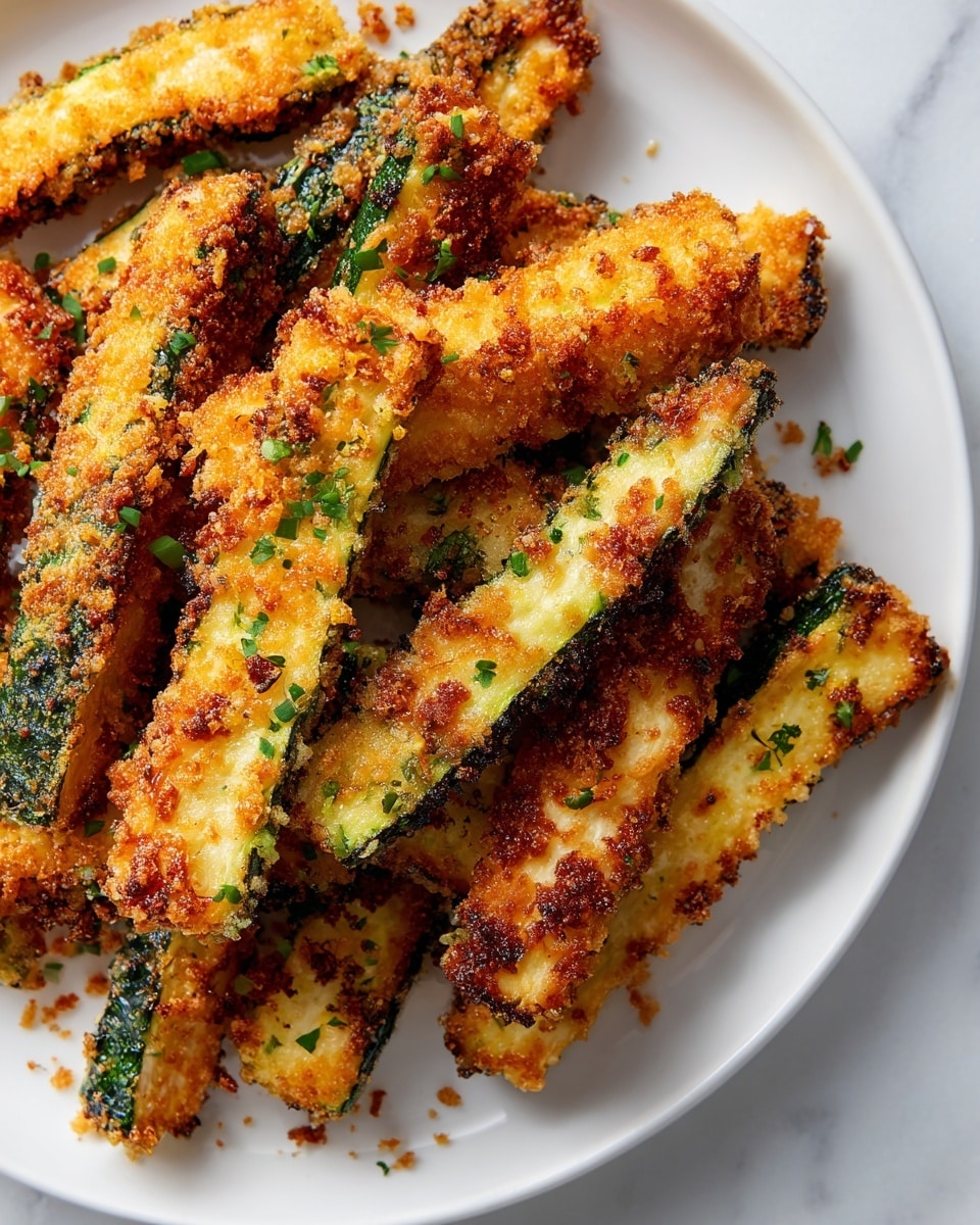 Several golden-yellow zucchini fries are scattered over a white plate on a white marbled surface. Each fry has a crispy, crumbly texture on the outside with bits of green skin visible on some pieces, adding a hint of dark green color. The fries show specks of light brown from baking and small green herbs sprinkled on top, giving a fresh touch. The varying fries have slightly irregular shapes but are long and thin, showing a crunchy coating with some crumbs fallen around them. photo taken with an iphone --ar 4:5 --v 7