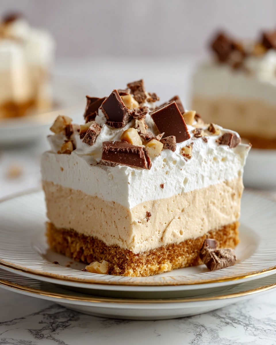 The image shows a close-up of a three-layer dessert square on a stack of white plates with gold edges, placed on a white marbled surface. The bottom layer is a light brown crumbly crust. Above that is a thick, creamy light tan layer with a smooth yet slightly airy texture. The top layer is a thick white whipped topping with a soft, fluffy texture. On top of the whipped cream are small chopped nuts and chunks of chocolate pieces scattered unevenly, adding texture and color contrast. Photo taken with an iphone --ar 4:5 --v 7