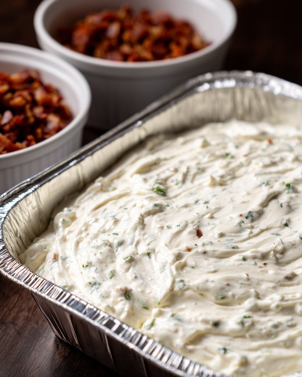 The image shows a close-up of a silver foil tray filled with a smooth, thick, white creamy layer that has tiny black and green specks evenly spread throughout. The texture looks soft and spread out evenly across the whole tray. In the background, there is a blurred white bowl filled with reddish-brown small pieces, likely some kind of meat or bacon bits. The tray and bowl sit on a dark surface, with only the foil tray in clear focus. photo taken with an iphone --ar 4:5 --v 7