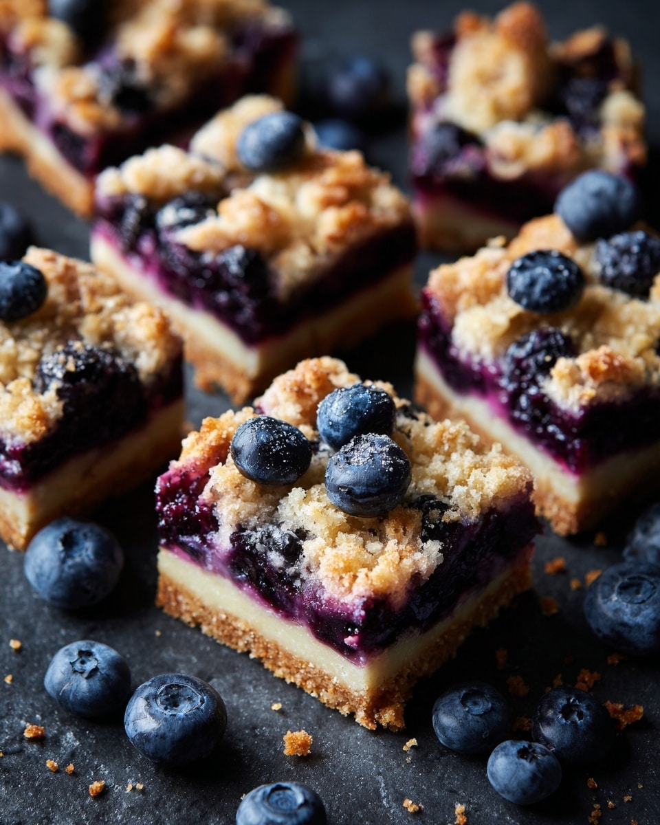 The image shows several square pieces of blueberry dessert with three visible layers: a light golden brown base, a middle layer filled with dark purple blueberries, and a crumbly top layer that is pale and slightly textured with baked blueberries scattered on top. The blueberries add a mix of dark blue and purple colors across the pieces. These squares are arranged randomly on a dark surface with small whole blueberries scattered around them, creating a contrast with the dessert's lighter colors. The photo is taken from above, showing all details of the pieces clearly, with crumbs scattered subtly around. photo taken with an iphone --ar 4:5 --v 7