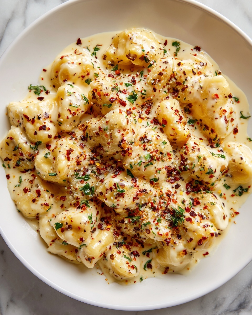 A close-up view of a white plate filled with a creamy, pale yellow dish made of small, irregularly shaped pieces covered in a thick sauce. The dish is sprinkled with small bits of green herbs, red pepper flakes, and ground black pepper, creating specks of green, red, and black on the surface. The creamy sauce appears smooth with visible seasoning mixed in. The plate sits on a white marbled surface. photo taken with an iphone --ar 4:5 --v 7