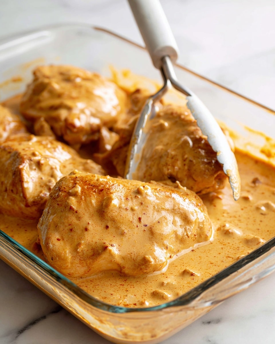 The image shows a clear glass baking dish filled with four large pieces of light beige chicken covered in a creamy, pale orange sauce with smooth texture. The chicken pieces are fully coated in the sauce, which looks thick and glossy. The dish sits on a white marbled surface, and in the foreground, there is a white-handled pair of tongs with a little sauce on its tip. The photo is a close-up, focusing on the creamy sauce and chicken texture. photo taken with an iphone --ar 4:5 --v 7