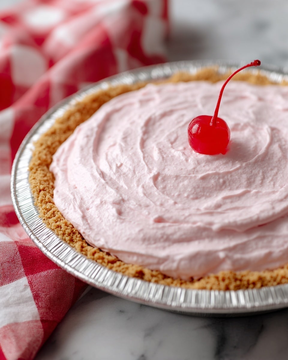 A pie with a crumbly golden brown crust in a foil pie dish, filled with a thick, smooth, and creamy light pink layer that is evenly spread to the edges. A single bright red cherry is placed in the center on top of the pink layer. The pie sits on a white marbled surface, and a red and white checkered cloth is partially visible in the background. photo taken with an iphone --ar 4:5 --v 7