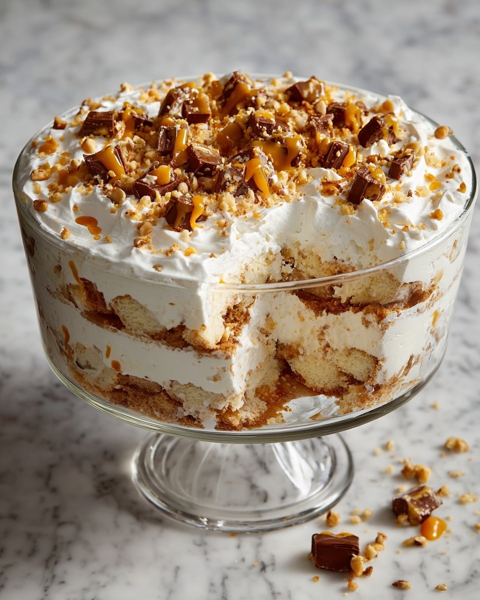 A large clear glass bowl holds a multi-layered dessert with visible layers of light brown creamy filling and soft cake layers in between. The top is thickly covered with smooth white whipped cream that has a soft fluffy texture, decorated with scattered small pieces of chocolate and caramel candy bits in dark brown and amber colors. A chunk of the dessert is missing from the front, showing inside layers of cream and cake with specks of candy mixed in. Some extra candy pieces are scattered on the white marbled surface around the bowl. Photo taken with an iphone --ar 4:5 --v 7