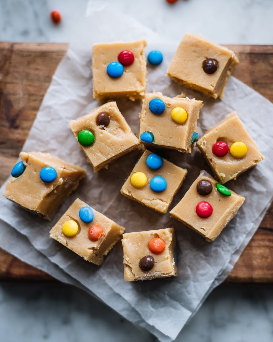 The image shows a square block of light brown fudge cut into a grid of 7 by 9 small square pieces, placed on white parchment paper resting on a wooden surface. Each square piece is decorated with three small, colorful candy-coated chocolates in various colors like red, blue, yellow, green, orange, and brown, placed randomly on the top surface. The fudge texture looks smooth and creamy, with clean edges between the square pieces, giving a neat and organized look. The overall scene is bright with a white marbled texture background. photo taken with an iphone --ar 4:5 --v 7