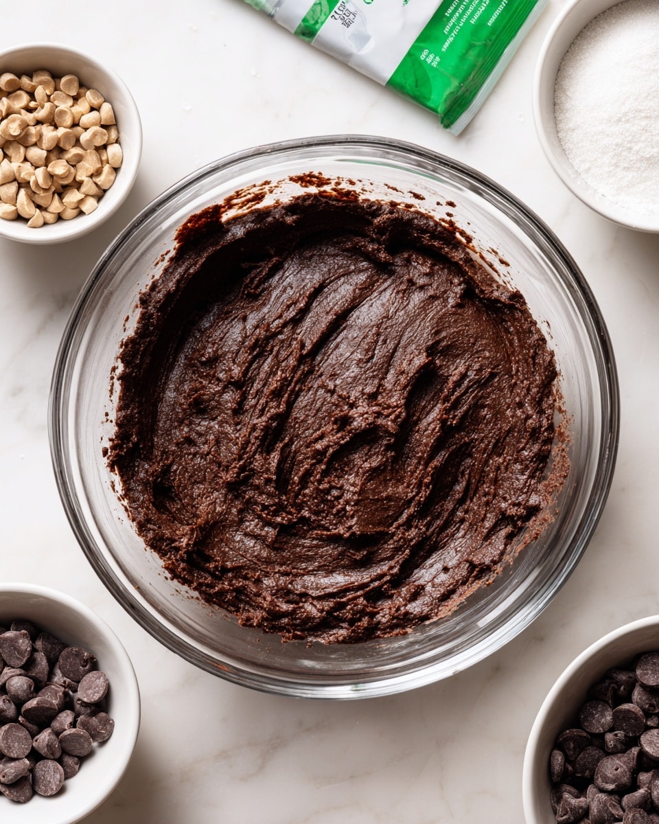 A clear glass bowl sits at the center on a white marbled surface, filled with thick dark brown chocolate dough that looks smooth and dense with some uneven textures on the top. Around the bowl, there are a few small dish bowls, one visible with light brown chocolate chips and another partially shown with white sugar, along with a green and white packet near the top edge of the glass bowl. The scene is bright with soft shadows, showing a top-down view. photo taken with an iphone --ar 4:5 --v 7