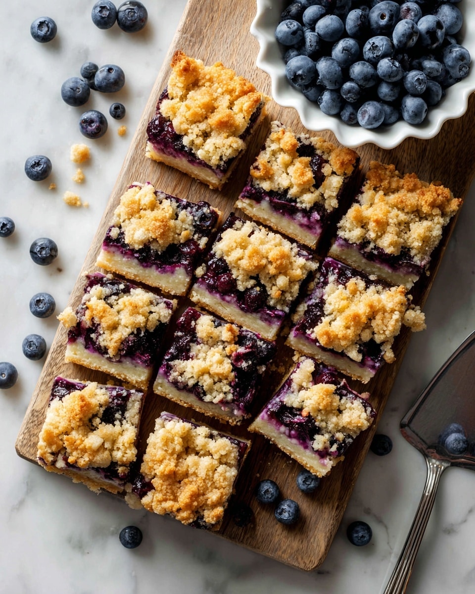 A wooden board on a white marbled surface holds a square crumble dessert sliced into 16 pieces. The dessert has three main layers: a pale beige base, a middle layer filled with dark purple blueberries, and a crumbly golden brown topping. Blueberries are peeking through the crumble topping, giving a mix of dark purple and golden colors. A white scalloped bowl is filled with fresh blueberries at the top right of the board. Blueberries are also scattered around the board and surface. A silver serving spatula sits at the right edge of the board. The overall look is rustic and fresh. Photo taken with an iphone --ar 4:5 --v 7