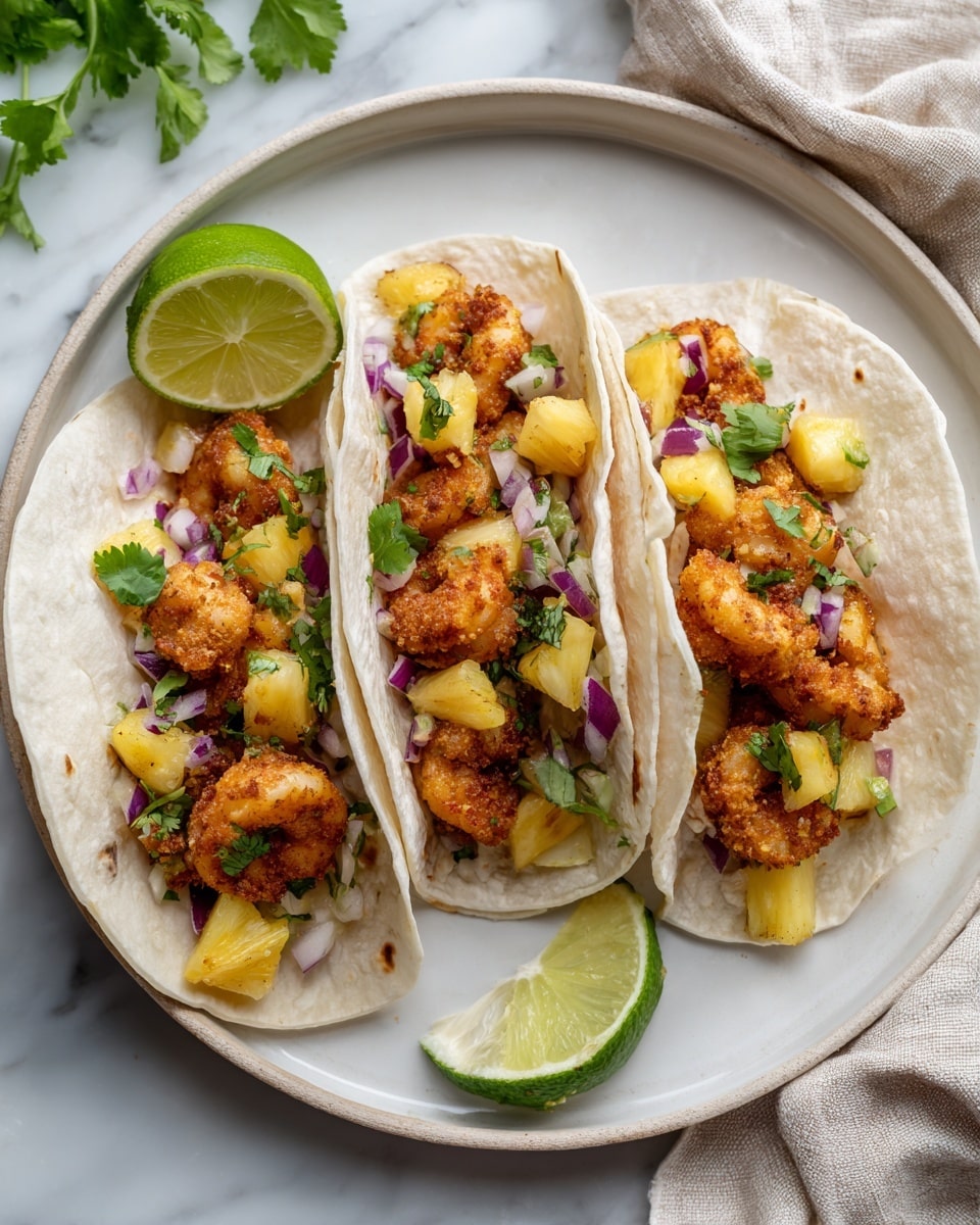 Three soft white tortillas lie on a round white plate placed on a white marbled surface. Each tortilla is filled with golden brown crispy shrimp that have a crunchy texture and are topped with bright yellow pineapple chunks, small pieces of purple onion, and green cilantro leaves, creating colorful layers. A half lime with a bright green inside rests on the left side of the plate. The background includes hints of green herbs. Photo taken with an iphone --ar 4:5 --v 7