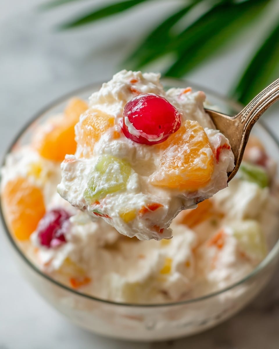 A close-up of a spoon holding a scoop of creamy white fruit salad with visible orange chunks, small yellow pieces, and red cherries mixed in. The fruit salad has a soft, fluffy texture with bits of different colors spread evenly throughout. The background shows more of the same fruit salad in a clear bowl sitting on a white marbled surface, with a soft-focus green leaf in the top right corner. Photo taken with an iphone --ar 4:5 --v 7