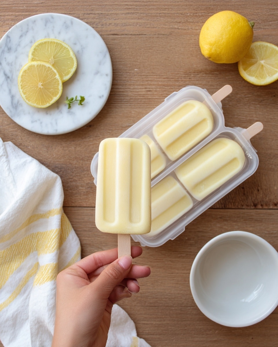 A woman's hand is holding a pale yellow popsicle with a wooden stick, taken out of a clear plastic popsicle mold that holds three more pale yellow popsicles inside. To the left, there is a white cloth napkin with a yellow stripe pattern under a small white plate with two lemon slices and a small piece of green garnish. On the right side of the wooden surface, there is a small white empty bowl and two lemon wedges. The background is a wooden table surface changed visually to a white marbled texture. photo taken with an iphone --ar 4:5 --v 7