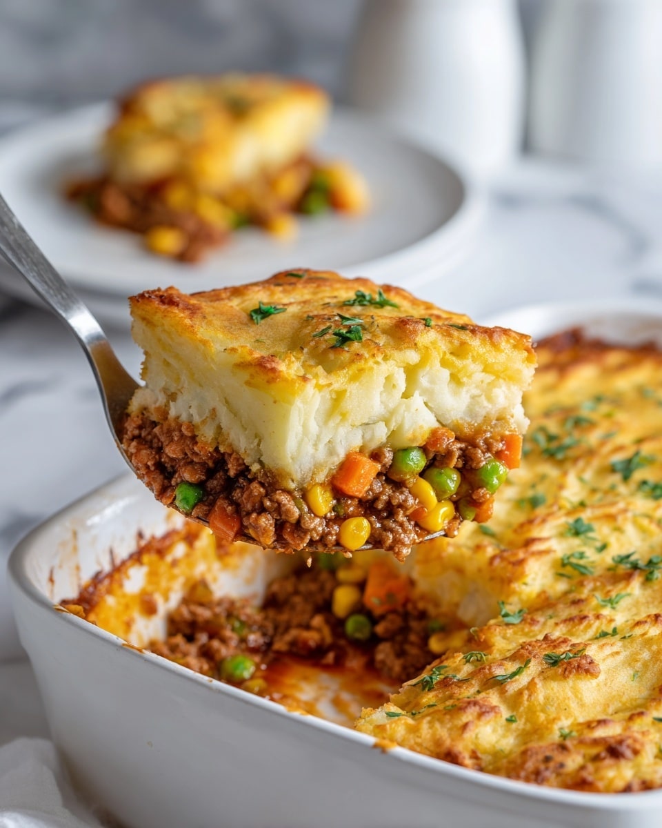 A close-up of a metal spatula lifting a thick slice of shepherd's pie from a white baking dish on a white marbled surface, showing three main layers: the top layer is a fluffy, slightly browned mashed potato with small green herb pieces sprinkled on top; the middle layer is a thin, golden-brown crust; the bottom layer is a mix of cooked ground beef with visible orange carrots, green peas, and yellow corn kernels. In the background, a white plate holds another portion of the pie, and white kitchen containers can be seen slightly out of focus. Photo taken with an iphone --ar 4:5 --v 7