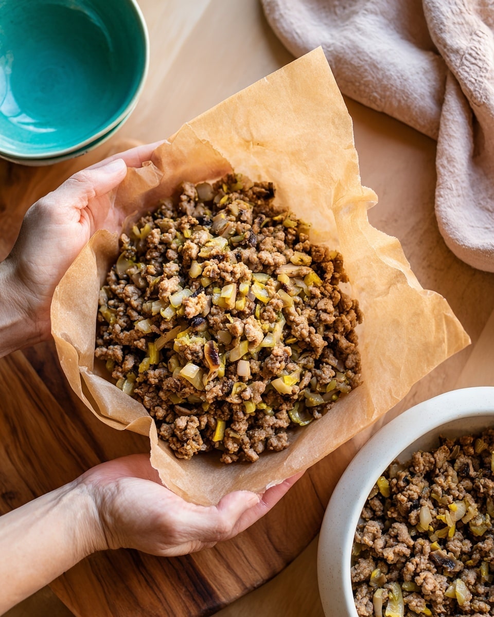 A close-up view shows a pair of woman’s hands holding a small pile of cooked, brown and slightly moist chopped meat mixed with small pieces of yellowish onions and mushrooms, positioned in the center of a light brown square piece of parchment paper placed diagonally. A white bowl with more of the same meat and vegetable mixture is partially visible on the right side. The scene is set on a pale wooden table, with a turquoise bowl on the upper left corner. The overall texture contrasts the soft filling and the rough parchment, with natural light highlighting the details. Photo taken with an iphone --ar 4:5 --v 7
