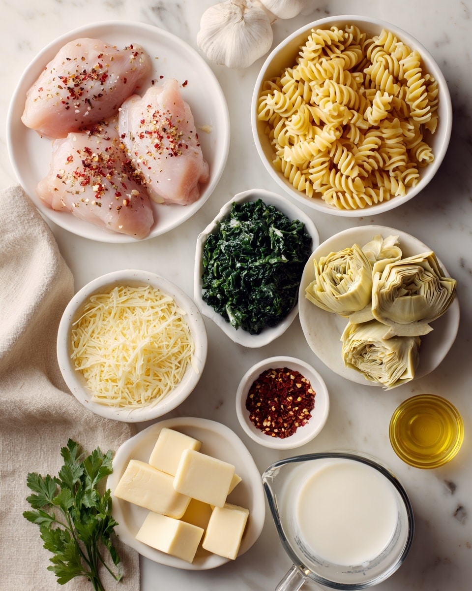 The image shows several white bowls and plates placed on a white marbled surface. On the top left, a white plate holds two raw pink chicken pieces sprinkled with red and black spices. Next to it on the top right is a white bowl filled with light yellow spiral pasta. Below these, there is a white bowl with pale yellow artichoke hearts in the center, next to a white bowl filled with dark green chopped spinach. On the left side, a small white bowl contains finely shredded light yellow cheese. Below, another white bowl holds two thick rectangular slices of creamy white cheese. To the right of that, a small white bowl is filled with red chili flakes, near a white bowl with three light yellow butter cubes. On the bottom right, there is a clear measuring cup filled with white milk, and next to it a small clear bowl with golden olive oil. In the bottom left corner, there are some garlic cloves and a sprig of fresh green parsley next to two small white bowls with coarse salt and black pepper. A beige cloth napkin appears under some bowls on the left side. Photo taken with an iphone --ar 4:5 --v 7