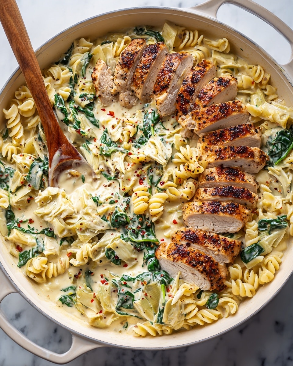 A white skillet filled with creamy pasta mixed with spinach and artichoke pieces in the sauce, showing a soft, rich texture with green spinach leaves scattered throughout. On the right side, there are six slices of grilled chicken placed on top of the pasta, with a browned, slightly charred surface and a tender inside. The pasta has a light yellow color and is covered in a smooth, thick cream sauce with visible black pepper and red chili flakes. A wooden spoon is partially digging into the pasta on the left side. The skillet sits on a white marbled surface. photo taken with an iphone --ar 4:5 --v 7