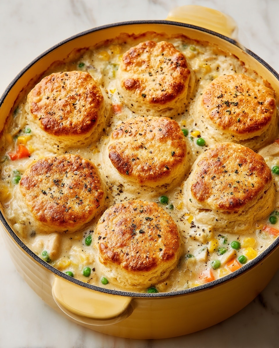 The image shows a yellow baking dish filled with a chicken and vegetable casserole topped with eight golden brown biscuit dough rounds. The biscuits are evenly spaced, slightly puffy, with a crispy, browned top sprinkled with a bit of black pepper. Below the biscuits is a creamy mixture containing visible green peas, small orange carrot cubes, and white pieces of chicken, all covered in a thick sauce. The dish rests on a white marbled surface. Photo taken with an iphone --ar 4:5 --v 7