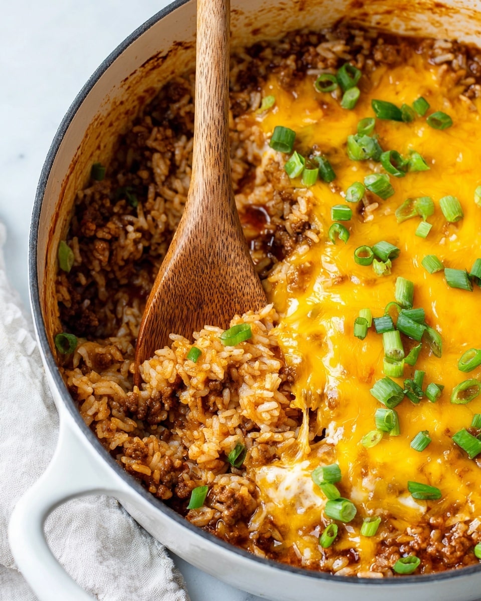 A close-up view of a wooden spoon lifting a scoop of a cooked dish from a black pot, showing three layers: the bottom layer has brown seasoned ground meat mixed with orange-brown cooked rice, the middle layer is a melted golden-yellow cheese coating the rice and meat with some green chopped scallions scattered on top and mixed in, and the top layer includes more melted cheese and green scallion pieces giving color contrast. The background shows the same mixture in the pot with a soft focus. The scene is set on a white marbled surface. Photo taken with an iphone --ar 4:5 --v 7