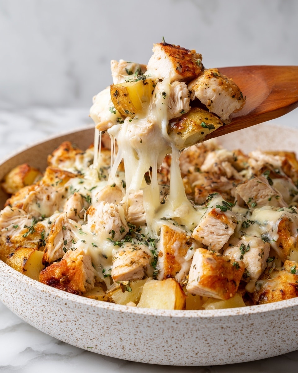 This close-up image shows a dish in a white speckled pan filled with two main layers: cubed, cooked chicken pieces seasoned with herbs and spices, pale beige in color, and golden roasted potato chunks. The top layer has melted white cheese stretched and draped over both chicken and potatoes. A wooden spatula is lifting a portion of the dish, showing the mix of textures from the tender chicken and crispy potatoes underneath the stringy cheese. The background is a white marbled surface. photo taken with an iphone --ar 4:5 --v 7
