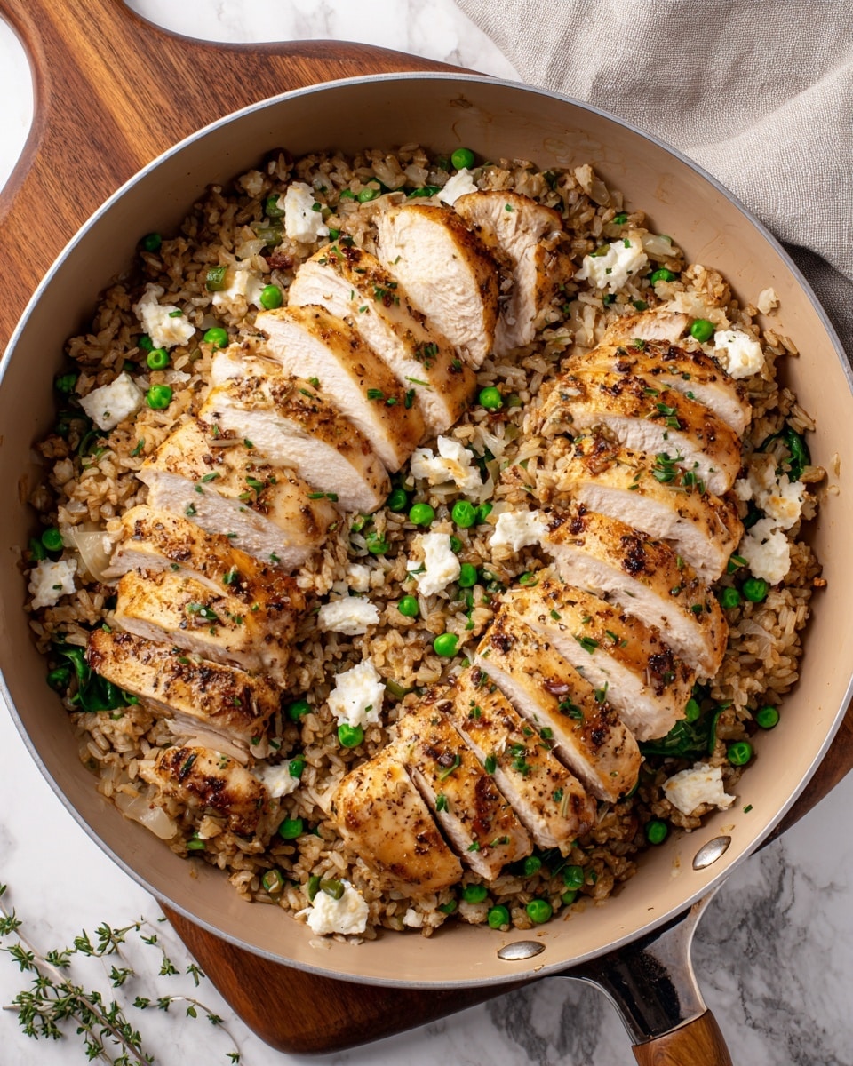 A round beige pan filled with a dish of five pieces of cooked chicken, each cut into neat slices and sprinkled with small green herbs. The chicken pieces are placed on top of a layer of cooked brown rice mixed with bright green peas and dark green spinach leaves. Small bits of white cheese are scattered around the rice, adding contrast. The pan sits on a white marbled surface with a wooden board handle visible on the left side and a light gray cloth partially seen on the right. The overall colors are warm tones of golden brown, green, and white, with a textured, fresh, and home-cooked feeling. photo taken with an iphone --ar 4:5 --v 7