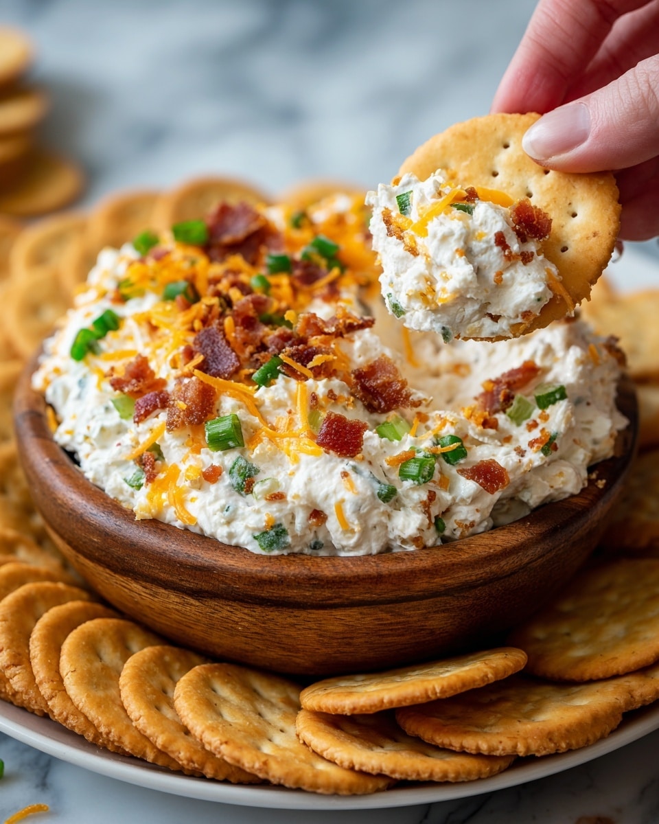 A close-up view shows a woman's hand holding a round, light golden cracker topped with a thick, creamy mixture containing white cream, small green pieces of scallions, and orange shredded cheese, along with small brown bits of bacon. The cracker is in front of a shallow wooden bowl filled with the same creamy dip, garnished with more orange shredded cheese, green scallions, and bacon bits on top. The wooden bowl sits on a white plate, which is surrounded by two layers of round light golden crackers. The whole setup is on a white marbled surface. Photo taken with an iphone --ar 4:5 --v 7