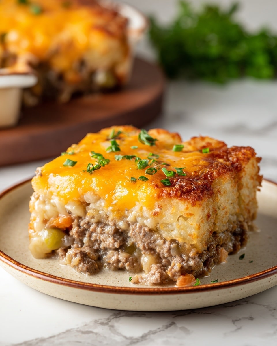A close-up of a slice of tater tot casserole on a beige plate with a brown rim, showing three layers: the bottom layer is cooked ground meat in light gray-brown color, the middle layer is a creamy sauce with bits of vegetables, and the top layer is made of crispy, golden brown tater tots covered with melted orange cheese and some small green herb pieces scattered on top; the background shows more casserole and some green herbs on a white marbled surface photo taken with an iphone --ar 4:5 --v 7