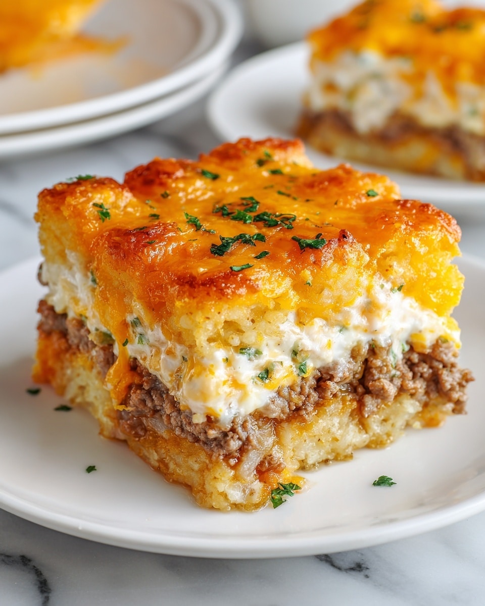 The dish shows a close-up of a square slice of a tater tot casserole on a white plate. The casserole has three clear layers: the top layer is golden brown tater tots with melted bright orange cheese and small green herbs scattered on top. The middle layer contains a creamy mixture with small chunks, likely cheese or sauce. The bottom layer is ground meat cooked with a slightly browned color. The background is a white marbled surface with blurred parts of the casserole on white plates visible. photo taken with an iphone --ar 4:5 --v 7