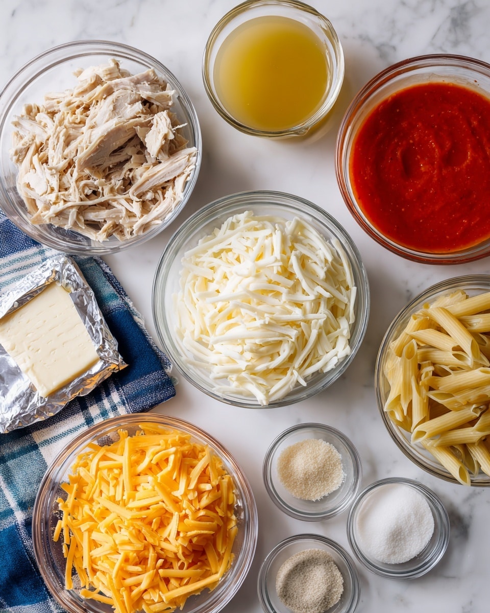 The image shows clear glass bowls arranged on a white marbled surface, each filled with different ingredients for a recipe. At the top left, a bowl holds shredded chicken with a light brown color and soft texture, next to a small glass cup with golden yellow chicken broth. To the right, a bowl contains a bright red buffalo sauce with a smooth texture. Below, a bowl is filled with white shredded mozzarella cheese, beside a silver-wrapped block of cream cheese. In the bottom left, another bowl holds finely shredded orange cheddar cheese, partly resting on a blue and white checkered cloth. To the right of that is a bowl filled with pale yellow penne pasta. Smaller clear dishes line the right side, holding beige garlic powder, white salt, and creamy white blue cheese dressing, all on the white marbled surface. Photo taken with an iphone --ar 4:5 --v 7