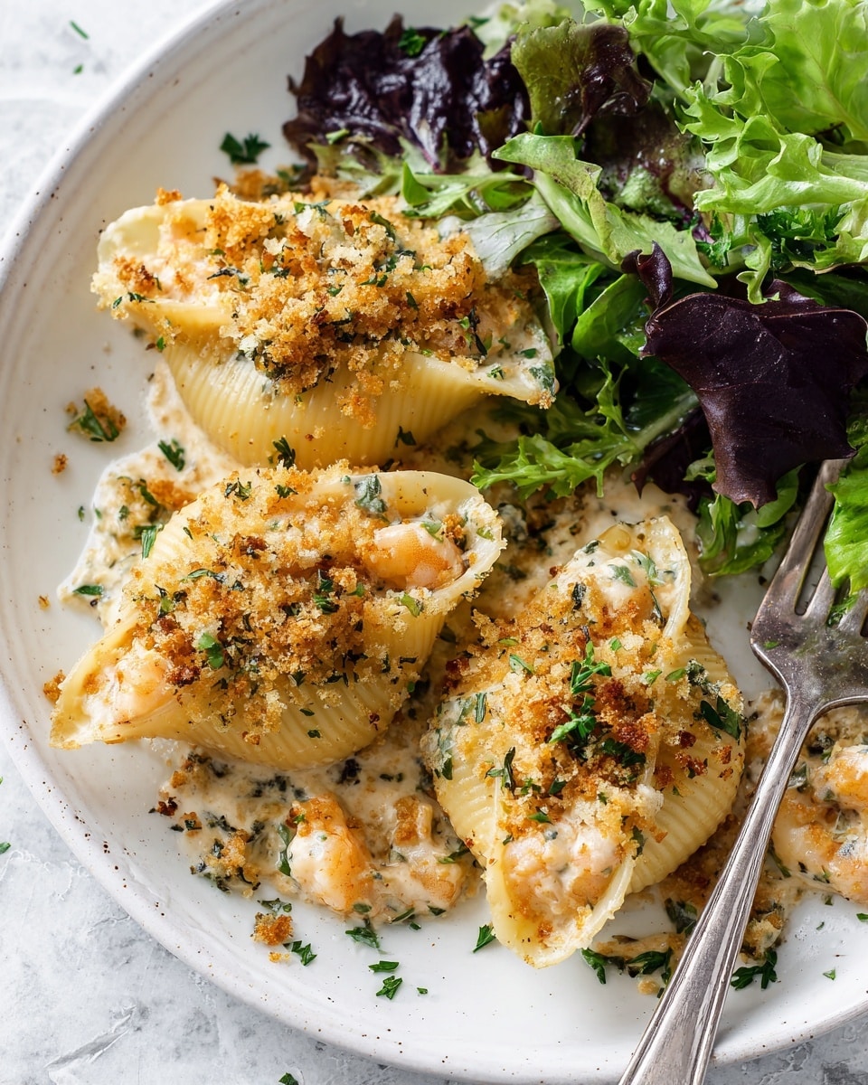 On a white plate with a white marbled texture surface, there are three stuffed pasta shells filled with a creamy, light beige mixture that includes small pieces of shrimp and herbs. The pasta shells are topped with a golden brown crumb layer and sprinkled with chopped green herbs, giving a fresh contrast. To the side, there is a small pile of mixed leafy greens in varying shades of green and purple that have a light dressing with visible mustard seeds. A silver fork is placed on the right side of the plate, resting near the pasta shells. The overall scene is bright and detailed, with a close-up focus showing the texture of the dish photo taken with an iphone --ar 4:5 --v 7