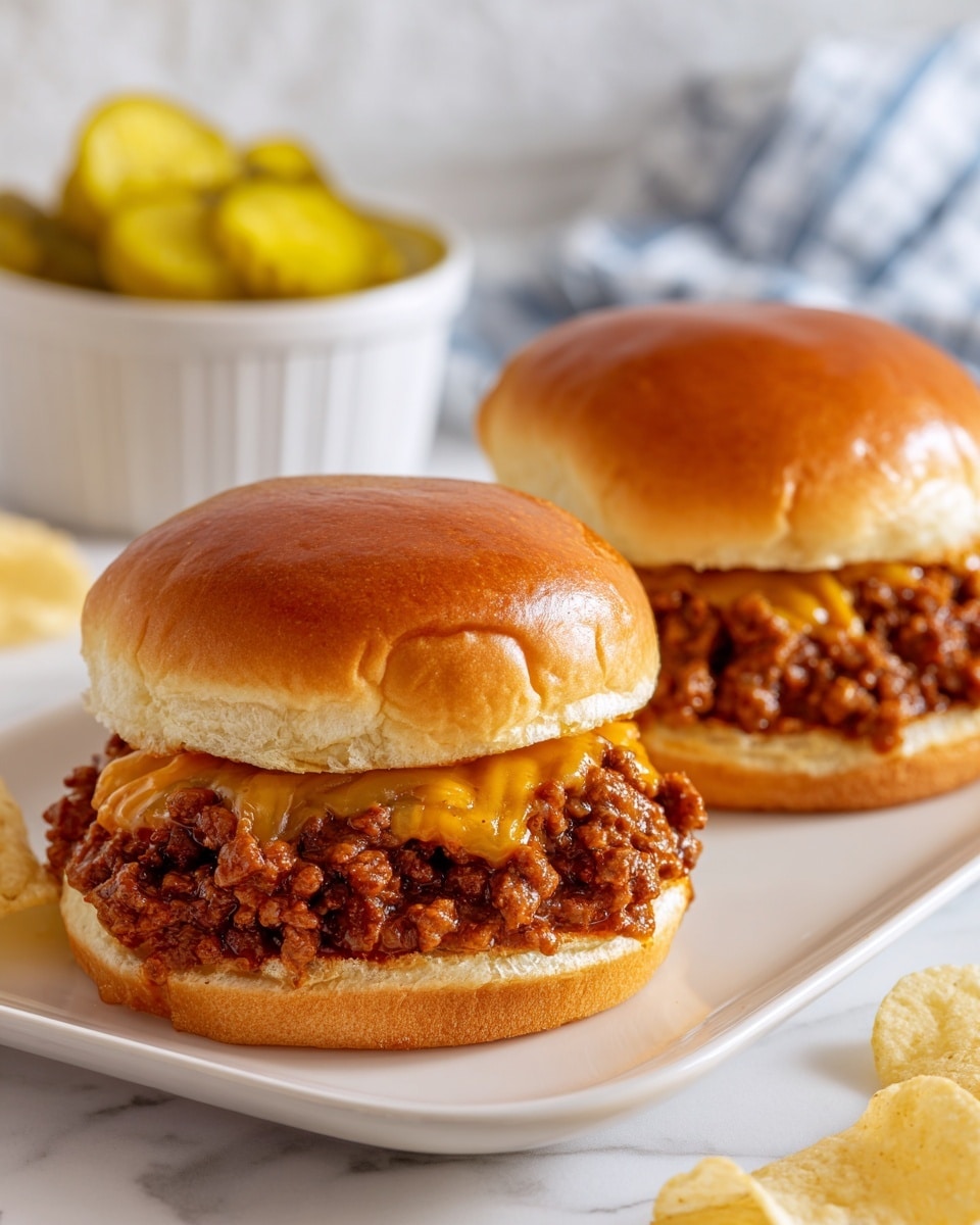 Two sloppy joe sandwiches are placed on a white rectangular plate over a white marbled surface. Each sandwich has a glossy, soft golden-brown top bun. Under the bun is a thick layer of cooked ground beef mixed with light brown sautéed onions and melted cheese, creating a slightly creamy texture. The bottom bun is also golden brown and evenly shaped. In the blurred background, a white bowl holds several whole bright yellow pickles. Some light-colored potato chips are scattered around the plate edges. The scene is warm and inviting, with natural lighting. Photo taken with an iphone --ar 4:5 --v 7