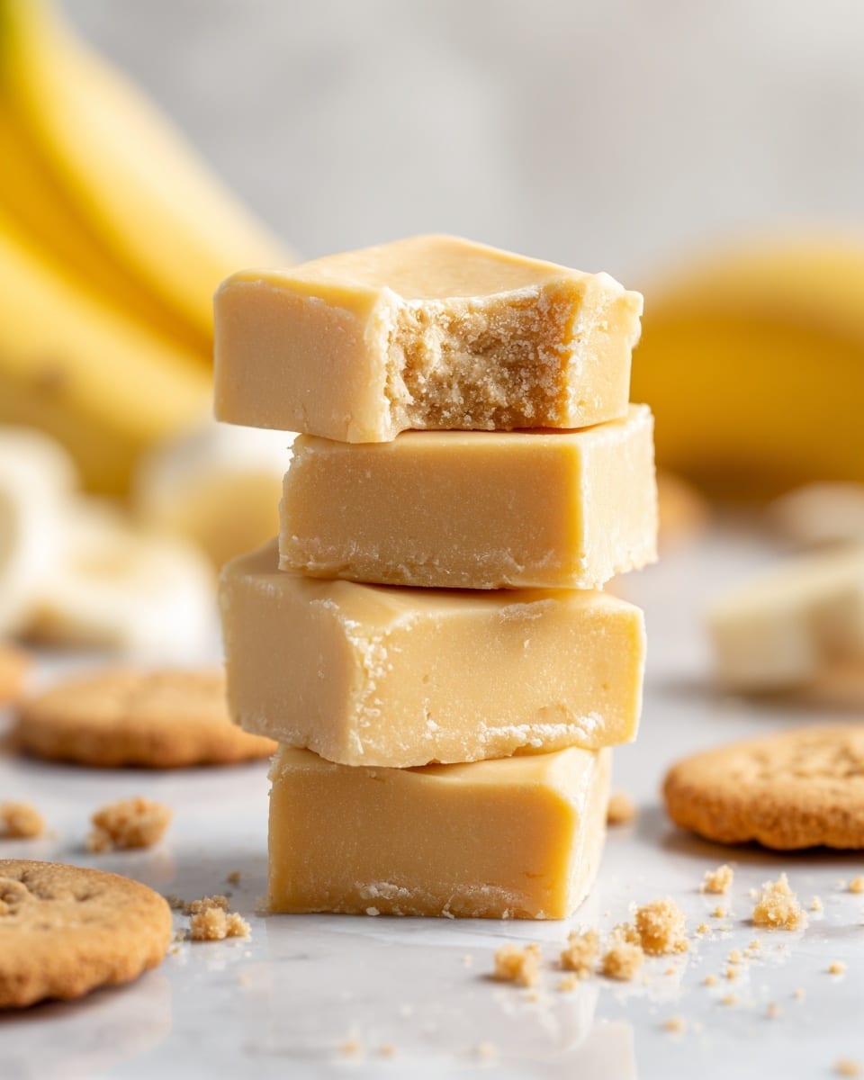 A stack of four square banana fudge pieces sits on a white marbled surface, each piece smooth and creamy with a pale yellow color. The top piece has a rough bite mark on one edge, showing a soft, dense texture inside. Crumbs are scattered lightly on top of the fudge and around the base of the stack. In the background, there are blurred bananas and round cookies on the same white marbled surface. The image is bright and focused on the fudge stack. Photo taken with an iphone --ar 4:5 --v 7