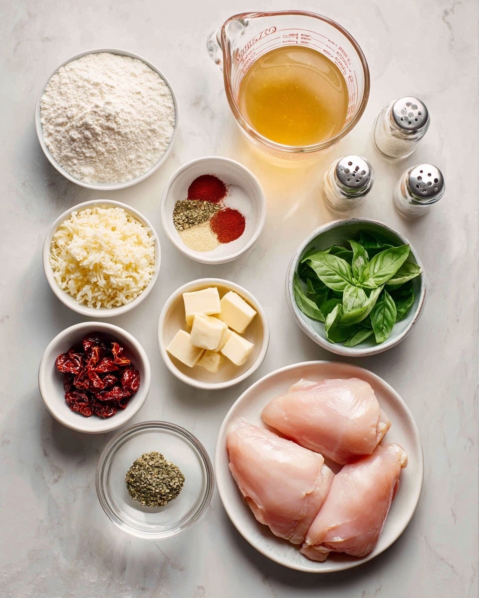 The image shows multiple small white bowls and clear glass containers arranged neatly on a white marbled surface, each filled with different ingredients. At the center bottom, there is a large white plate holding three raw chicken pieces in light pink color with a smooth texture. Moving clockwise, a small white bowl on the right holds fresh green basil leaves with visible veins. Next to it, a small clear bowl contains white corn starch powder with a fine texture. Above it, a large clear measuring cup is filled with light amber chicken stock. A small white bowl on its left holds grated parmesan cheese in a pale yellow shade. Below it is a tiny white bowl with chopped white garlic. To the left, there is a clear bowl with dark red sun-dried tomato pieces with wrinkled texture. Next to it is a small white bowl with three spice powders—deep red paprika, green Italian seasoning, and light beige onion powder—arranged in separated small piles. Above this is a small clear container with golden-yellow olive oil. To the left, a round white plate holds several cubes of pale yellow butter. Also visible are two silver salt and pepper shakers behind the olive oil and butter, and a clear measuring cup with white heavy cream near the bottom left corner. The photo taken with an iphone --ar 4:5 --v 7