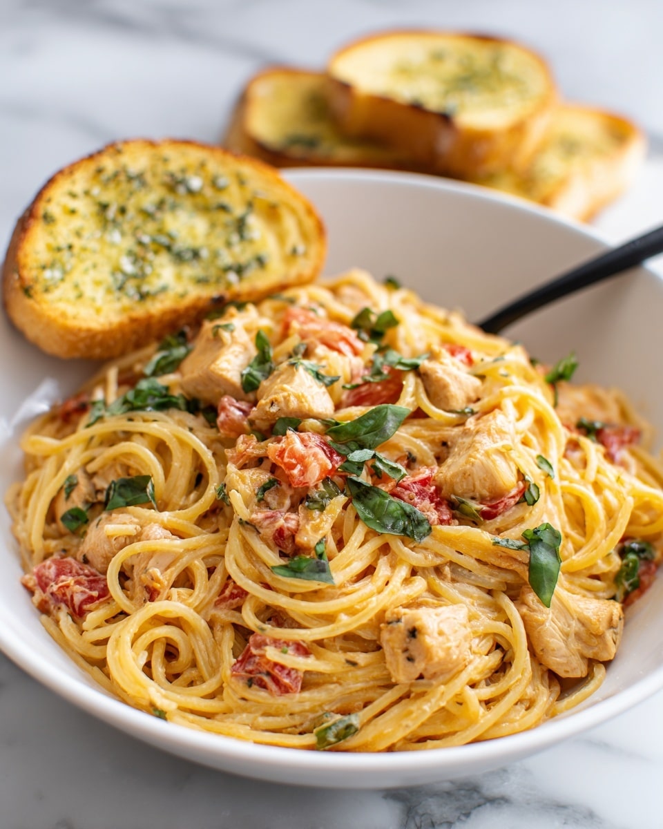A close-up view of a white bowl filled with creamy spaghetti, mixed with chunks of light brown chicken, small pieces of tomato, and topped with fresh green basil leaves. The spaghetti is coated in a light orange creamy sauce, and a black fork is twisted through the noodles in the bowl. In the background, white toasted bread slices with herbs are placed on a white marbled surface. photo taken with an iphone --ar 4:5 --v 7