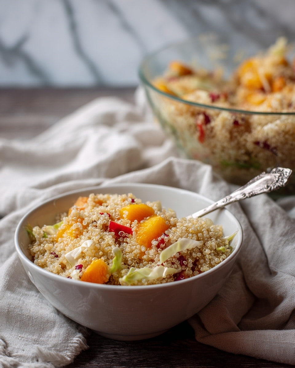 A close-up view of a white bowl filled with a quinoa salad shows three main layers: a bed of light tan, small, round quinoa grains mixed with bright orange chunks of fruit, scattered red and green pieces of vegetables, and pale shredded cabbage on top. A silver spoon rests inside the bowl on the right side. Behind the bowl, a large clear glass bowl holds more of the same salad, partly visible on a soft light gray textured cloth. The setting is on a dark wooden surface with a white marbled texture background. photo taken with an iphone --ar 4:5 --v 7