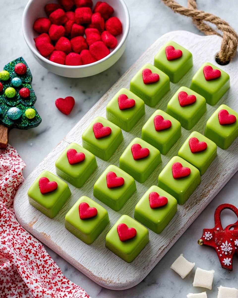 The image shows twenty-five bright green square treats arranged in five rows on a white wooden board with a rope handle. Each green square has a shiny, smooth texture and is topped in the center with a small, glossy red heart decoration that stands out against the green. Above the board, there is a small white bowl filled with many more red heart-shaped candies. The white marbled surface beneath the board and holiday-themed items such as a green tree with colorful balls and a red wooden decoration with small bells add a festive feel to the scene. A red and white patterned cloth and white candy pieces are partially visible at the bottom left and bottom right corners. Photo taken with an iphone --ar 4:5 --v 7