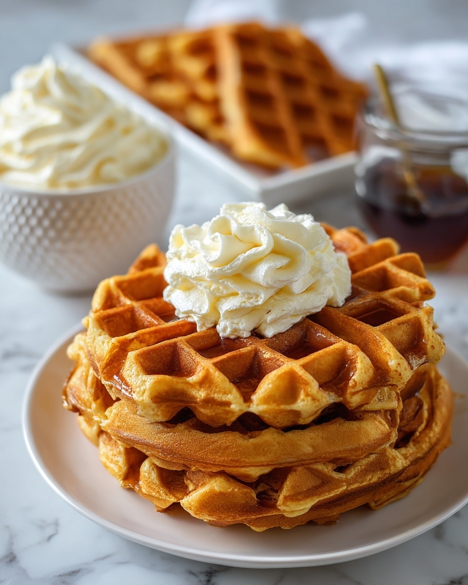 A close-up of a golden brown waffle with a textured, crispy surface and square pockets, topped with a smooth, creamy dollop of light beige butter sitting in the middle. A fork holds a piece of the waffle covered partly in melted butter, showing a soft and airy inside with small holes. In the background, there is a blurred white bowl and a stack of more waffles on a white marbled surface. The scene is well-lit, highlighting the warm tones of the waffle and creaminess of the butter, suggesting a cozy morning breakfast. photo taken with an iphone --ar 4:5 --v 7