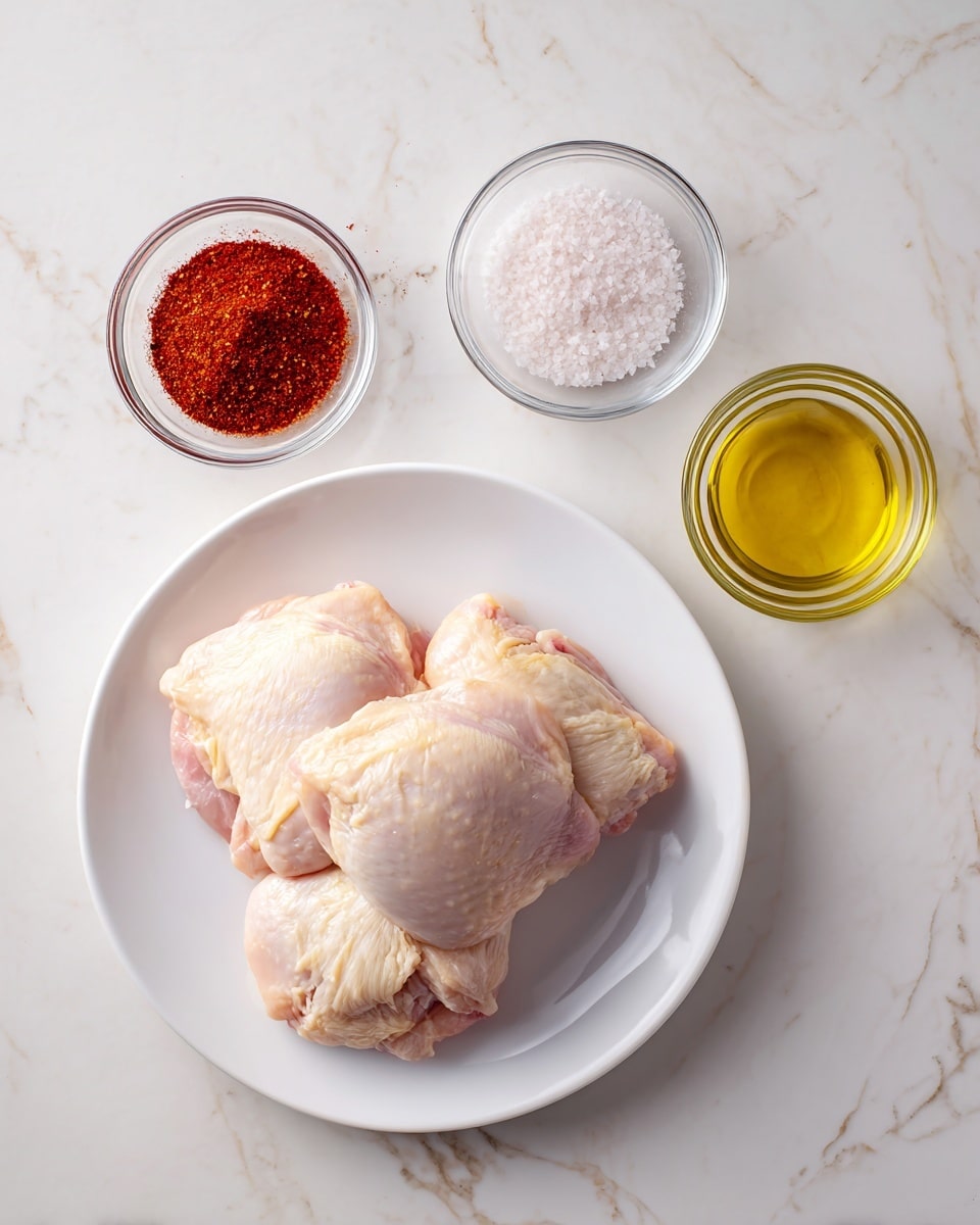 A white plate sits on a white marbled surface with two raw, pale pink chicken pieces placed side by side in the middle. Surrounding the plate are three small clear bowls: one filled with bright red paprika powder at the top left, one with coarse white salt on the bottom left, and one with golden yellow olive oil on the top right. Each bowl is about the same size and neatly arranged around the chicken. The scene is neat and bright with a clean, simple look photo taken with an iphone --ar 4:5 --v 7
