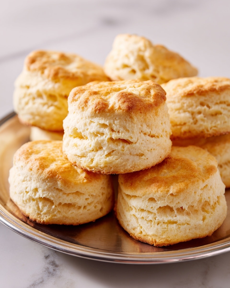 The image shows a close-up of seven golden-brown biscuits arranged on a dark metal baking tray placed on a white marbled surface. The biscuits have a rough, crumbly texture with softly rounded tops. One biscuit is broken in half, revealing a fluffy, light yellow inside with a soft, crumbly texture. A jar of orange blossom honey is partially visible on the left side of the tray, adding a warm amber color contrast to the biscuit tones. The overall setting feels homey and fresh. Photo taken with an iphone --ar 4:5 --v 7
