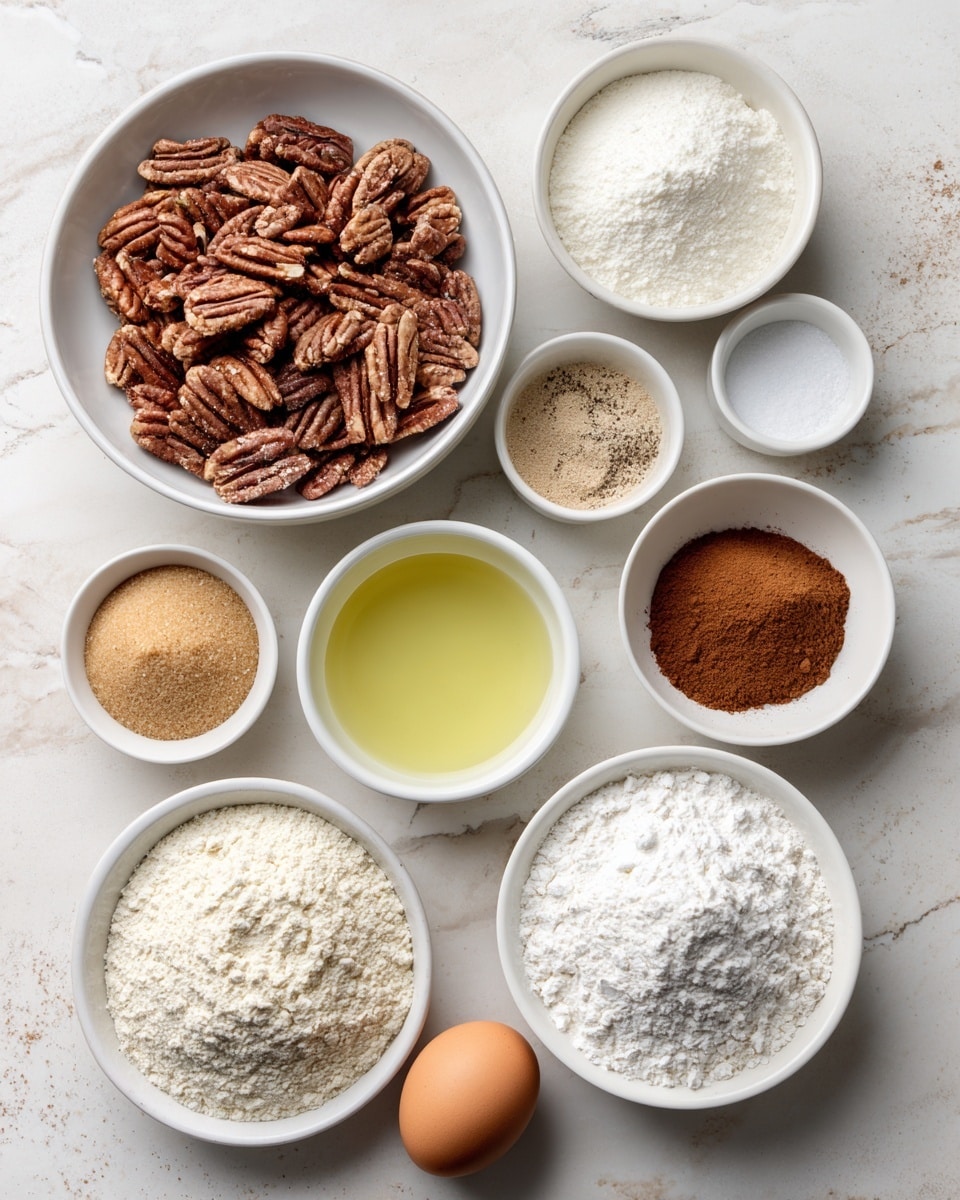 The image shows several white bowls and one egg arranged on a white marbled surface, each holding a different baking ingredient. In the center, a white bowl full of chopped pecans with a rough texture and brown color. Surrounding it, clockwise from top right, a white bowl with fine white flour, a small white bowl with light brown nutmeg powder, another small white bowl with coarse white salt, a medium white bowl filled with translucent yellow vegetable oil, a small white bowl with white baking soda, a large white bowl containing light brown soft brown sugar, a small white bowl with light beige baking powder, a small white bowl with reddish-brown cinnamon, a single brown egg, and a large white bowl with white granulated sugar. The arrangement is neat, ingredients are clearly visible, photo taken with an iphone --ar 4:5 --v 7